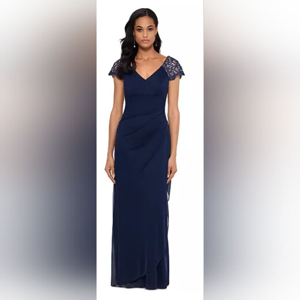 XSCAPE Lace-Sleeve Chiffon Gown NWT Size 4 Navy Blue